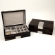 Lacquered "Ebony" Burl Wood Valet Box with Stainless Steel Accents for 4 Watches & 12 Cufflink.